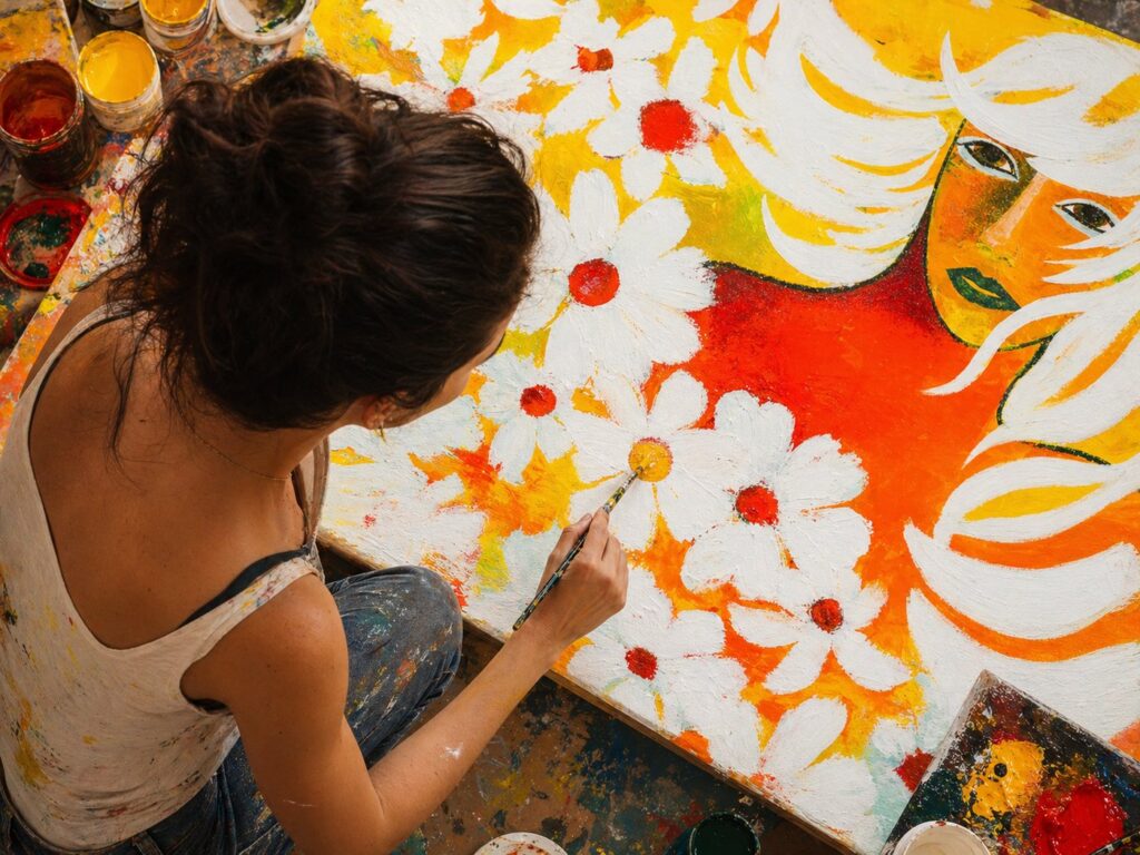 Frau mit dunklen Haaren malt ein farbenfrohes Blumenbild mit gelber Farbe als Symbol für Kreativität, Leichtigkeit und innere Energie
